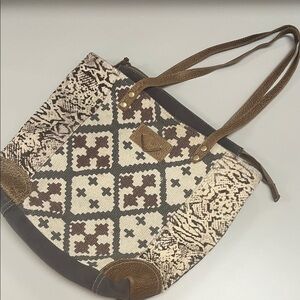 Myra Bag Geometric Brown / Cream w/ leather accents Large Tote